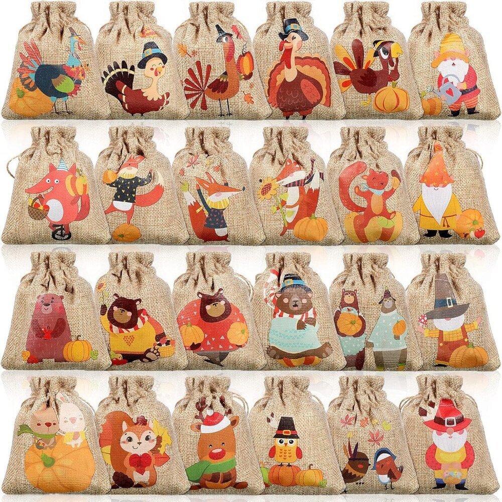 24 Pcs Fall Thanksgiving Burlap Bags with Turkey and Pumpkin Pattern Thanksgivin